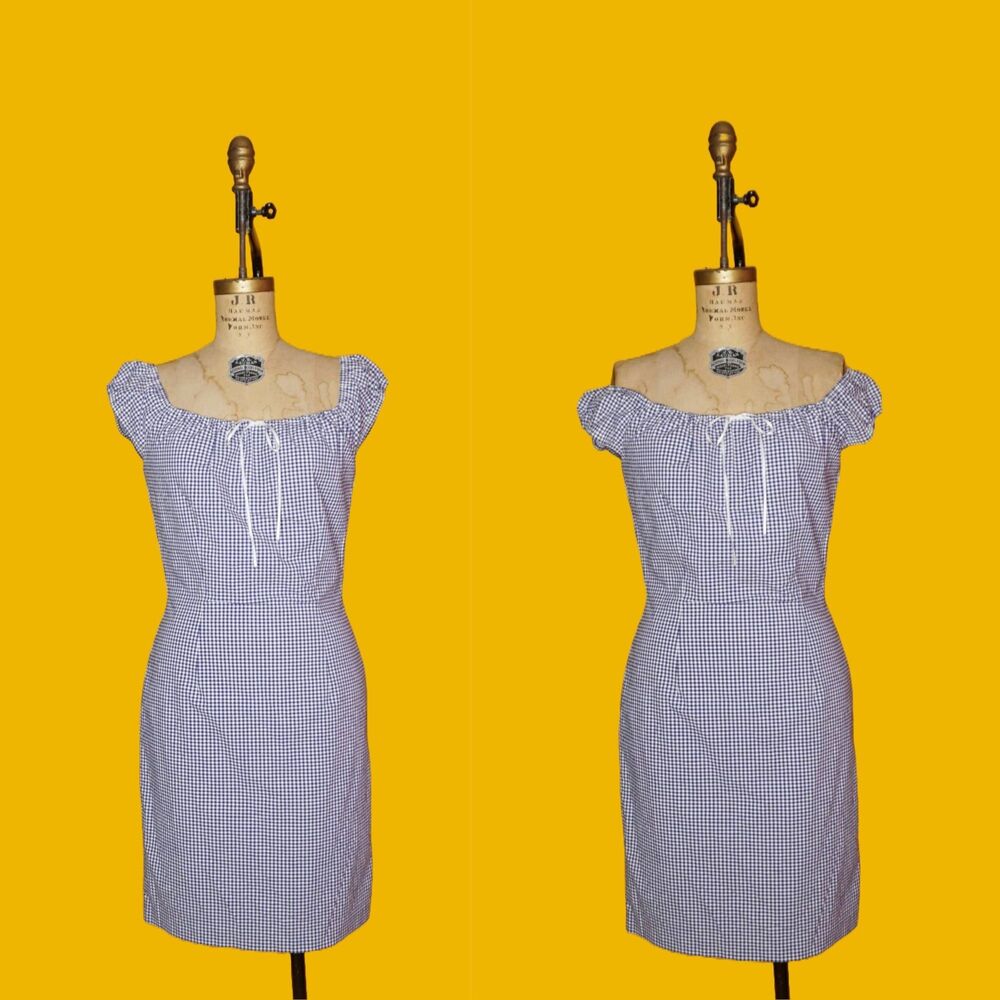 Y2K ALLEN B SCHWARTZ GINGHAM Off Shoulder Puff Sleeve Dress W/Adjustable Tie S-M